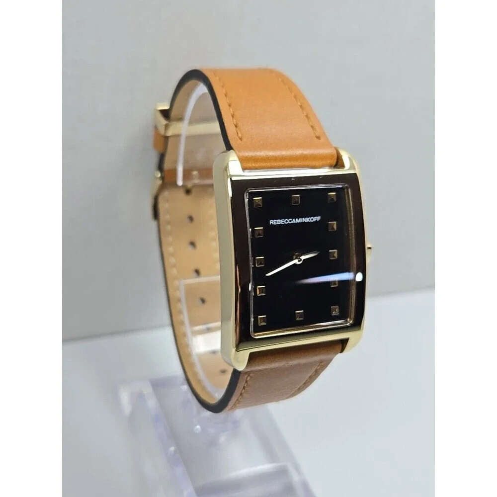 Rebecca Minkoff Womens Black Dial Tank Dress Watch New Battery Gold Tone Leather